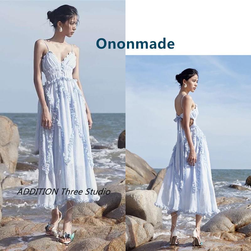 折扣越南小众 Ononmade 夏款性感深V露背荷叶边度假风吊带连衣裙