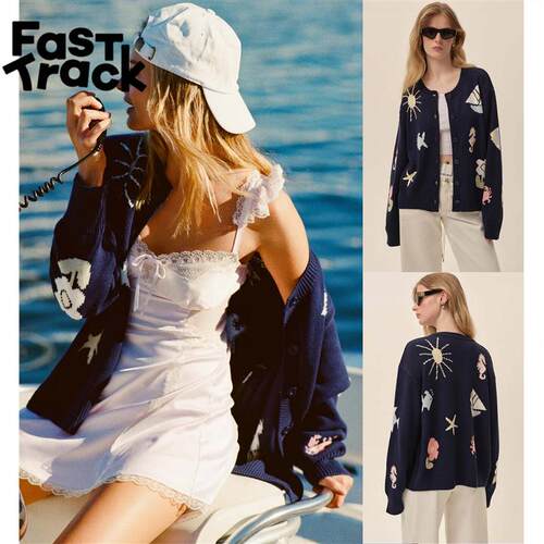 For Love&Lemons26新款藏青图案印花针织衫开衫