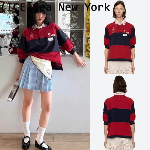 ice买手店正品Sea  橄榄球衬衫泡泡短袖POLO领条纹上衣女
