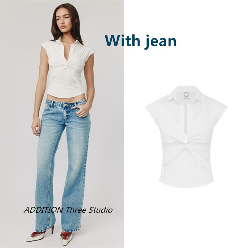 正品 With Jean 25早春新款白色V领扭结收腰短款百搭短袖衬衫上衣