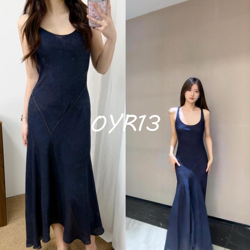 买手店Realisation洋装气质无袖背心深蓝色真丝斜裁修身洋装
