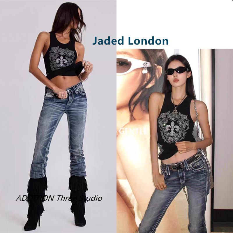 正品 Jaded London 25夏款辣妹黑色网纱印花烫钻修身无袖背心上衣