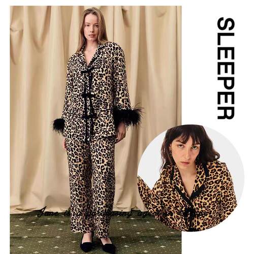 国现 乌克兰直邮 Sleeper 鸵鸟毛蝴蝶结豹纹性感睡衣居家服套装