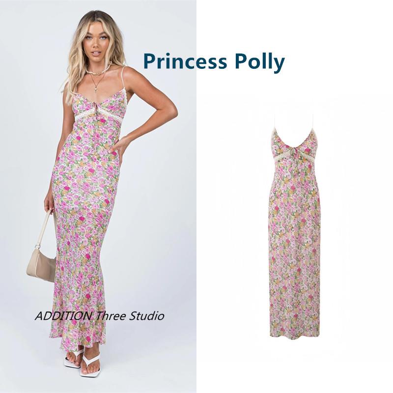 折扣现货 Princess Polly 春夏款碎花蕾丝拼接性感吊带长款连衣裙