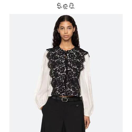 Sea New York 复古蕾丝拼接灯笼袖圆领系带宽松衬衫