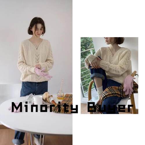 现货 买手店 Modest Mood 22气质通勤纯色V领羊毛镂空针织衫毛衣