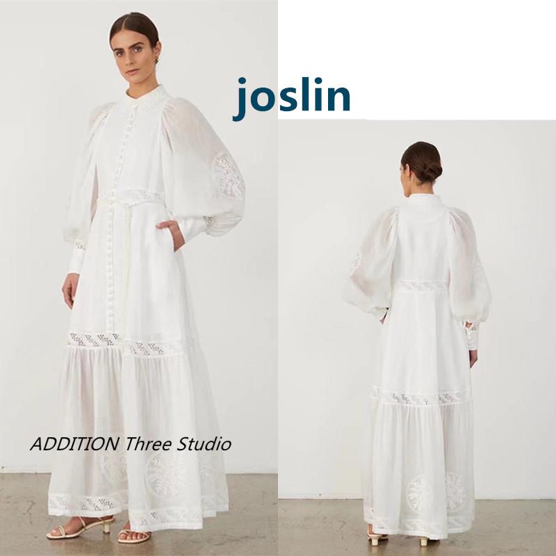 澳洲小众 joslin 24春夏新款透明衬衫式翻领亚麻刺绣灯笼袖连衣裙