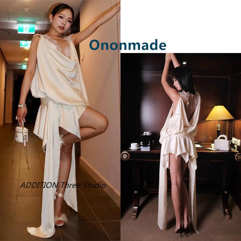 越南小众 Ononmade 春夏款蕾丝拼接荡领飘带露肩吊带短款连衣裙女