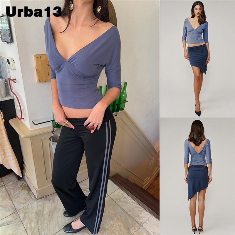 Urba13买手店现货正品With Jean上衣褶皱深V七分袖短款T恤长袖