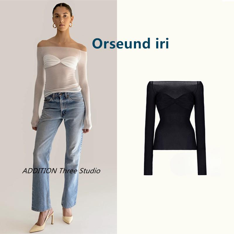 正品 Orseund iris 春秋款性感一字肩透视拼接长袖T恤打底衫上衣