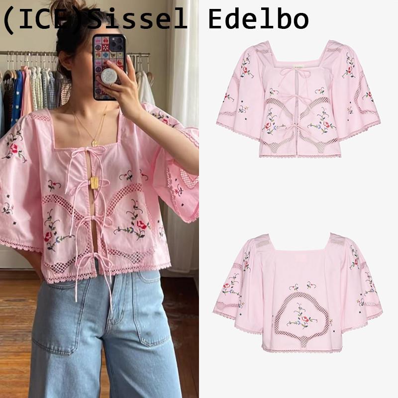Ice买手店丹麦正品SISSEL EDELBO 粉色刺绣花纹镂空衬衫上衣女