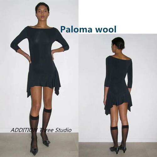 折扣 Paloma wool 夏款复古一字领弹力修身荷叶裙摆不规则连衣裙