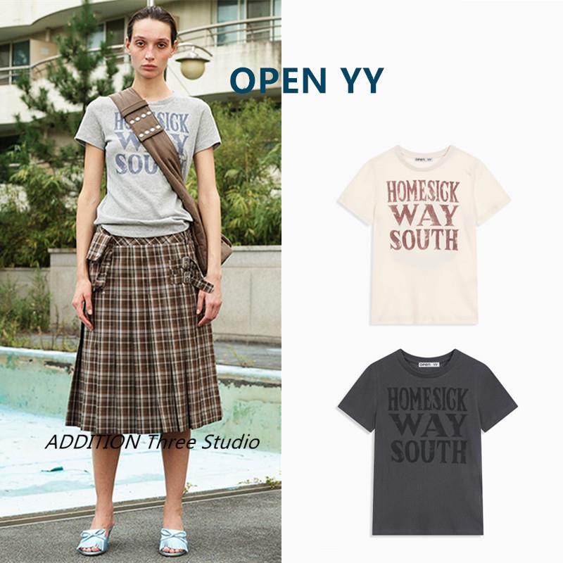 韩国 OPEN YY 25夏季新款圆领做旧字母印花休闲百搭短袖T恤上衣女