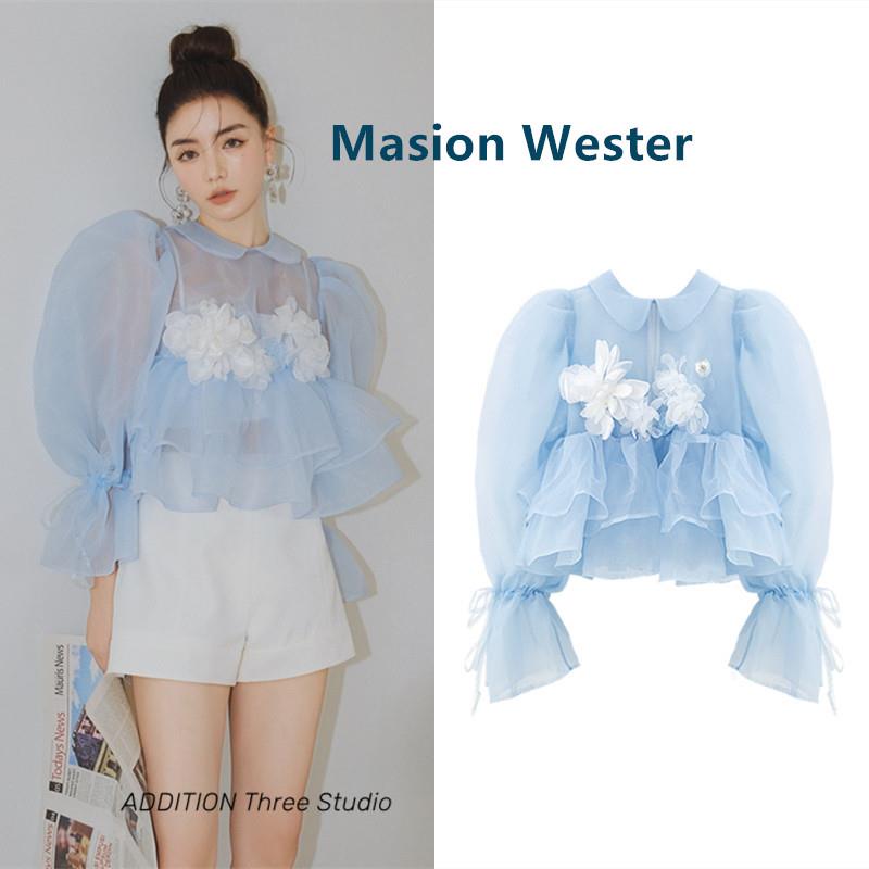 买手店MasionWester 新款花朵网纱荷叶边褶皱泡泡袖甜美长袖上衣