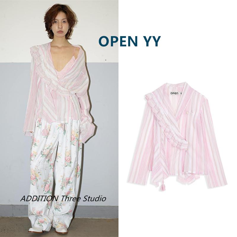 韩国 OPEN YY 26早春新款粉色条纹不规则荷叶边褶皱宽松长袖衬衫