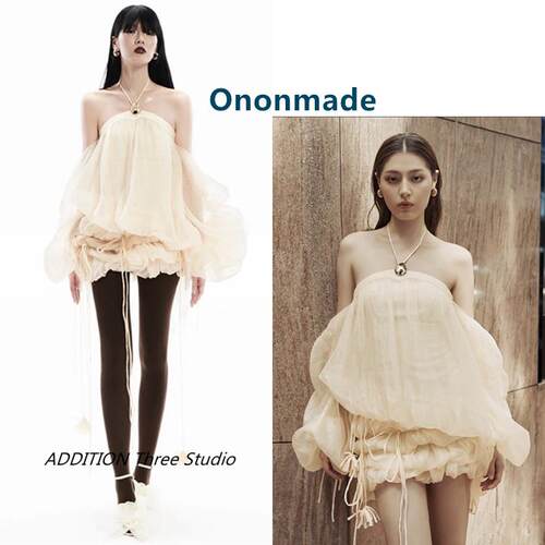 正品 Ononmade 25夏季新款纯欲风抹胸挂脖抽绳收腰短款长袖连衣裙