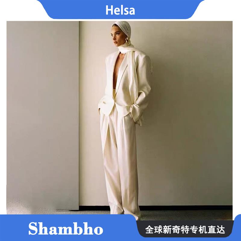 Shambho正品Helsa新款白色西装领收腰显瘦长袖西装外套长裤