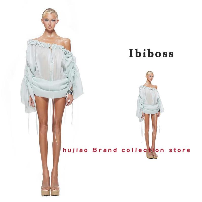 煳椒正品 Ibiboss 25年新款木耳边一字肩系带慵懒飘逸洋装