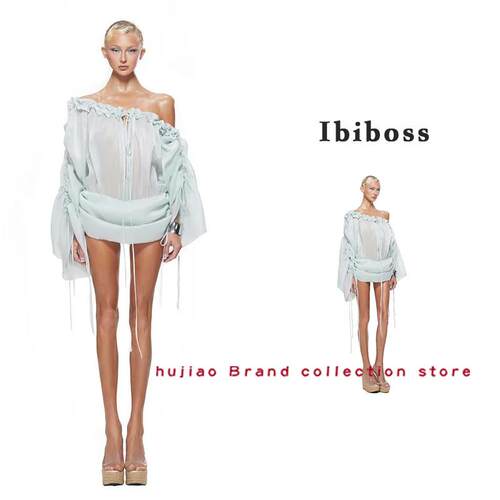 煳椒正品 Ibiboss 25年新款木耳边一字肩系带慵懒飘逸洋装
