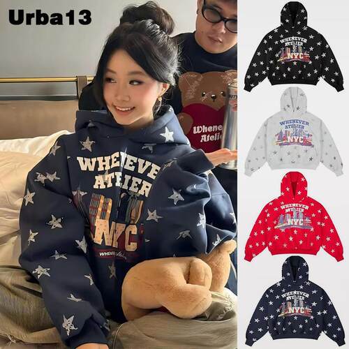 Urba13买手店现货正品Whenever美式连帽做旧字母星星印花厚棉T上