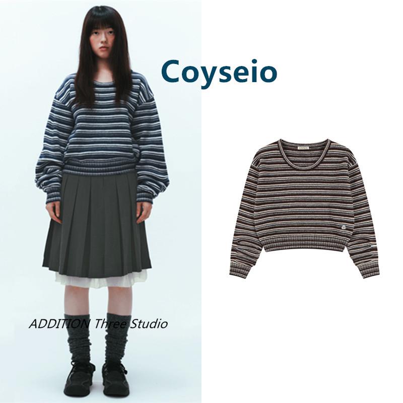 正品 Coyseio 新款慵懒风圆领宽松条纹休闲套头长袖针织衫毛衣女