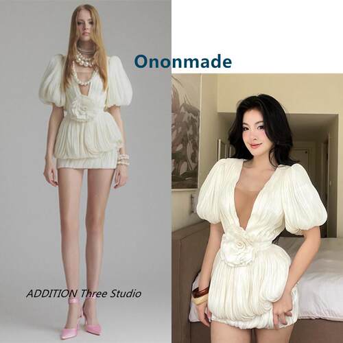 越南小众 Ononmade 25夏季新款性感深V领立体花朵收腰包臀短裙女