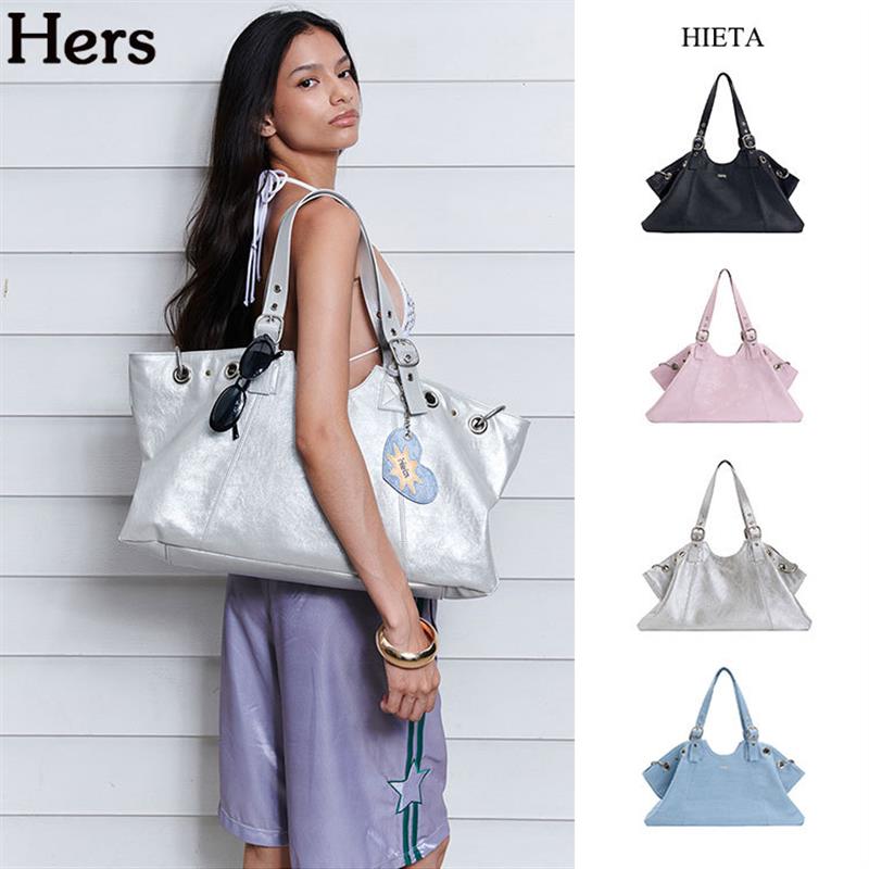 正品HIETA 韩国大容量朋克风圆环铆钉牛仔单肩手提托特包