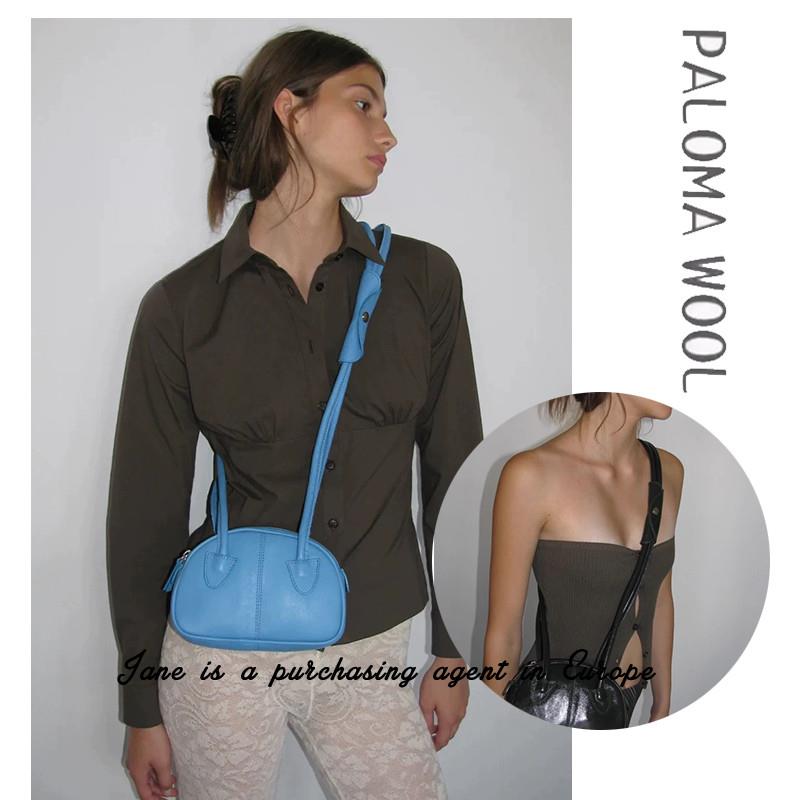 国现 西班牙直邮 PALOMA WOOL 高级油蜡牛皮半圆拉炼斜挎单肩包