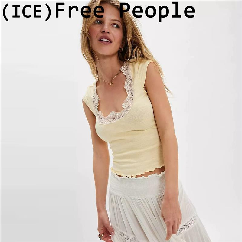 Ice买手店现货折扣正品Free People短袖蕾丝花边大圆领罗纹上衣女