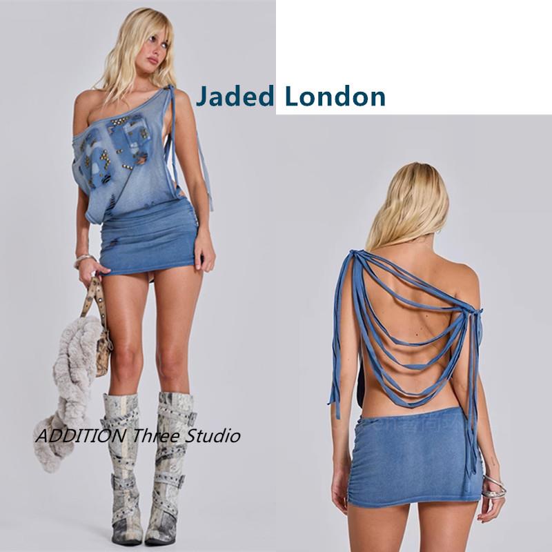 Jaded London性感斜肩露揹包臀连衣裙 2025春夏新款牛仔蓝