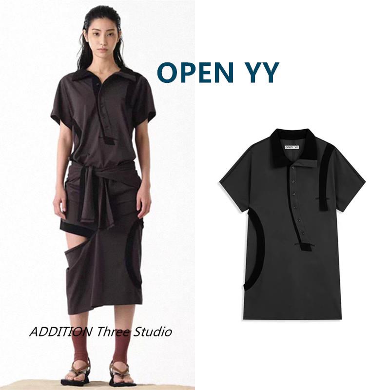 正品 OPEN YY 26夏季新款撞色拼接不对称翻领polo衫短袖T恤上衣女