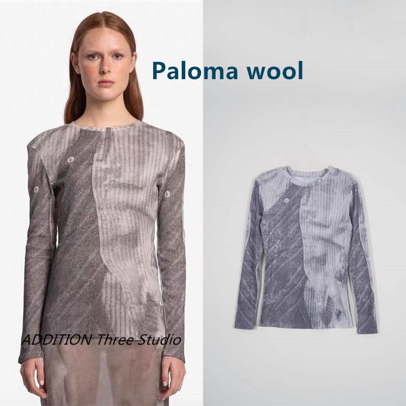 少现 Paloma wool 23新款圆领复古印花弹力针织修身长袖T恤上衣女