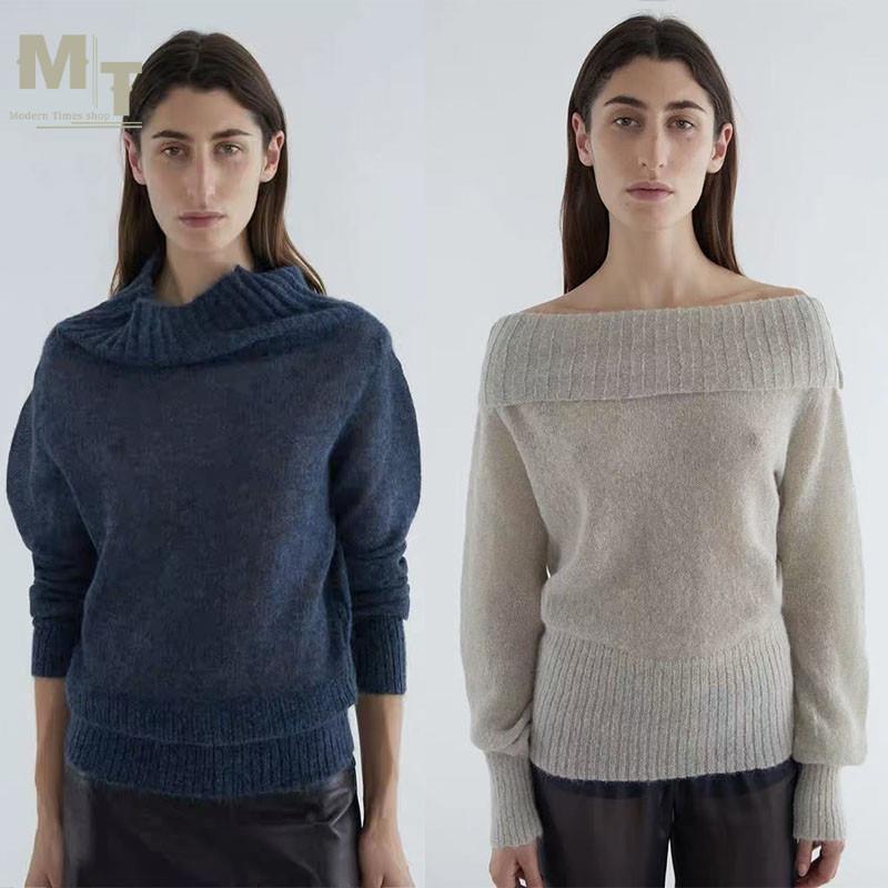 PALOMA WOOL 羊毛混纺大翻领一字领泡泡袖针织套头衫毛衣