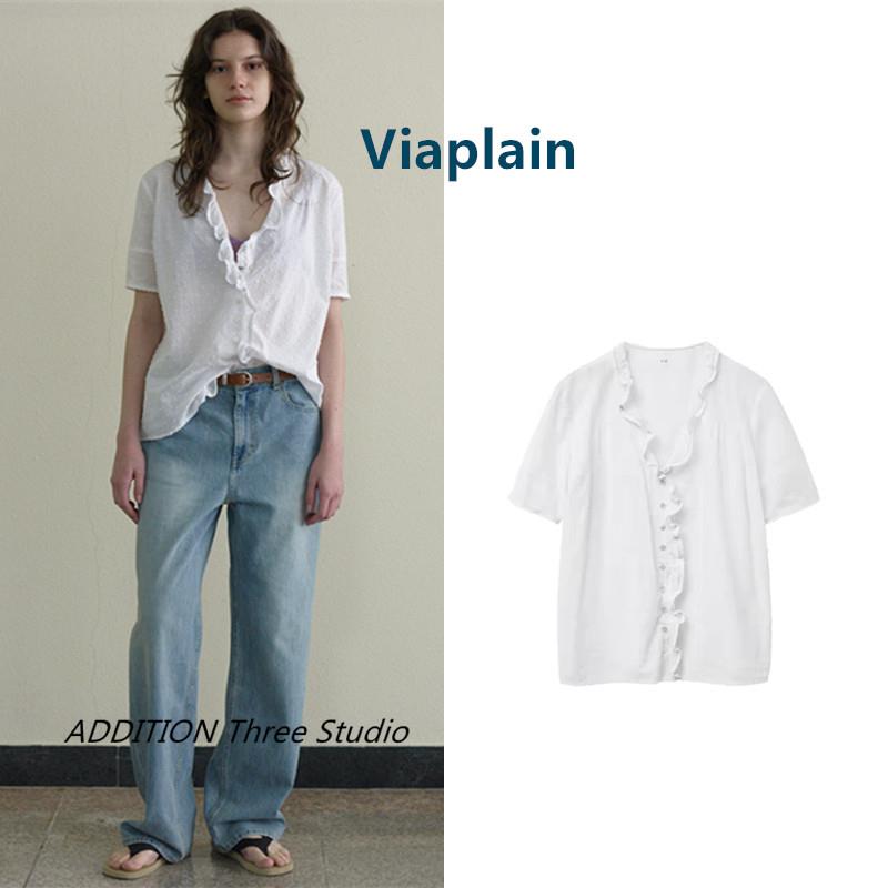韩国 Viaplain 26春夏新款白色甜美波点荷叶边V领宽松短袖衬衫女