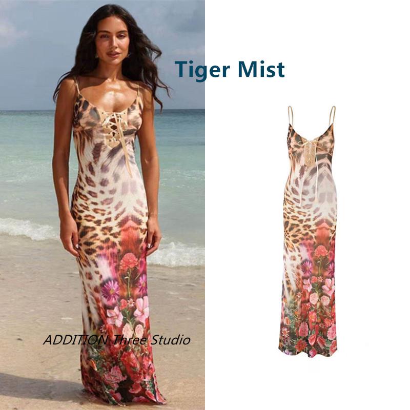 正品 Tiger Mist 春夏款性感辣妹豹纹印花修身绑带露背吊带连衣裙