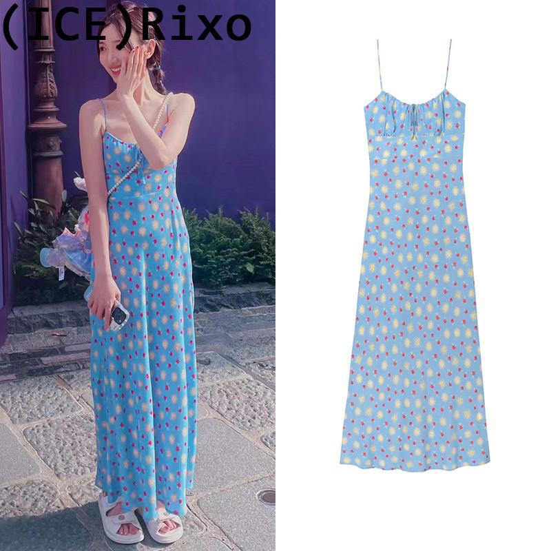 Ice买手店正品RIXO洋装23毛晓彤同款蓝色碎花印花长版吊带裙女