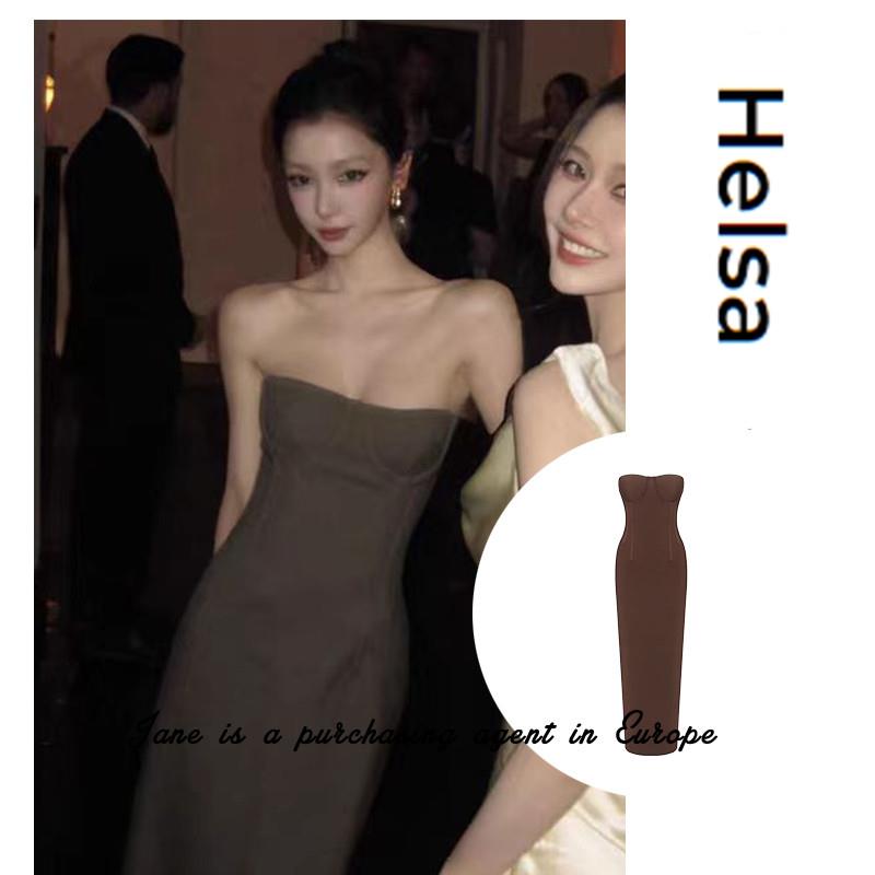国现 瑞典直邮 Helsa 易梦玲同款抹胸羊毛洋装棕色复古风礼服