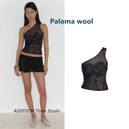 正品 Paloma wool 24夏季新款不规则单肩花朵半透视修身背心上衣