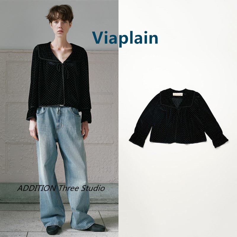 正品 Viaplain 24冬季新款减龄复古波点翻领系带天鹅绒长袖衬衫女