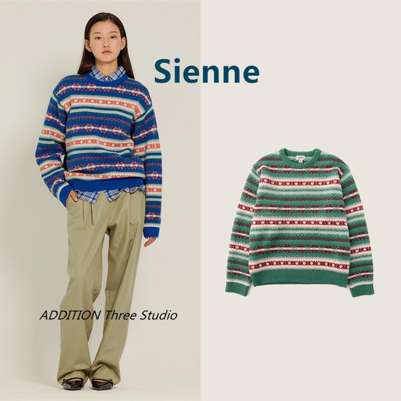 正品 Sienne 24秋季新款复古撞色提花圆领宽松休闲针织套头毛衣