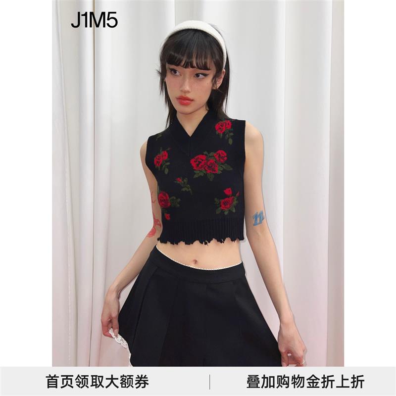 SHUSHU/TONG春夏新品黑色V领玫瑰刺绣修身羊毛女装背心