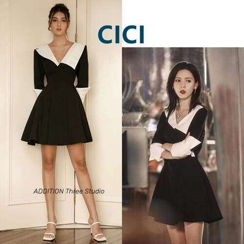 越南小众CICI 复古拼接不对称设计黑白撞色V领收腰修身礼服连衣裙