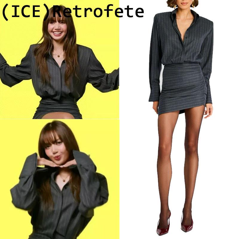 Ice买手店折扣正品Retrofete洋装Lisa同款垫肩不规则条纹衬衫裙