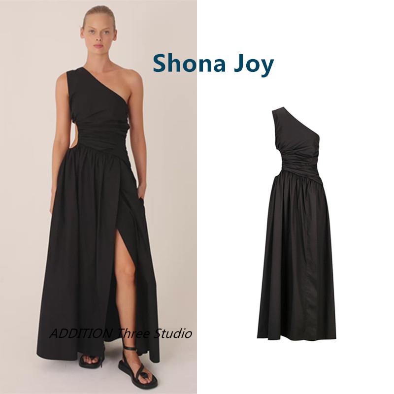 折扣 Shona Joy 夏款黑色气质斜领镂空露腰修身开叉单肩连衣裙女