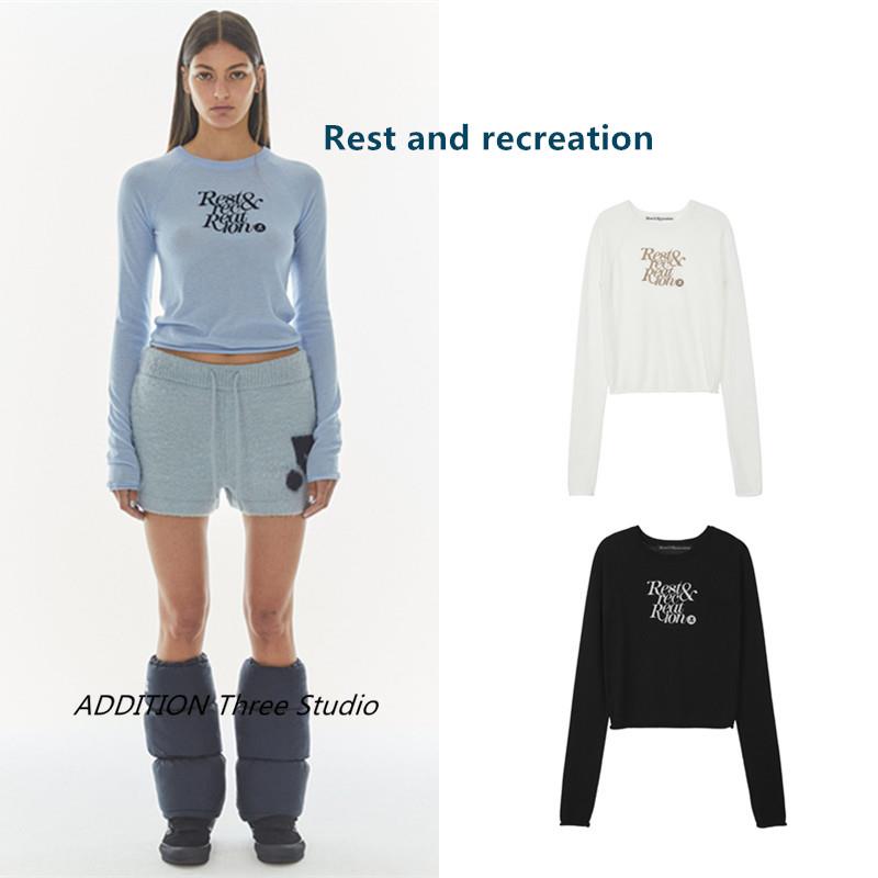 韩国Rest and Recreation 24秋冬款圆领字母刺绣插肩袖短款针织衫