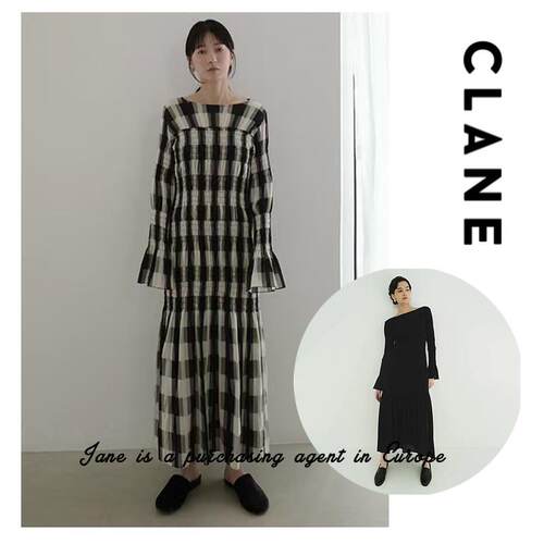国现 日本直邮 CLANE 松本惠奈复古一字领喇叭袖修身格纹洋装