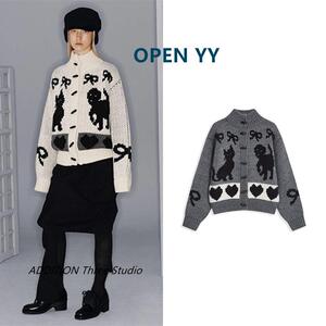 正品 OPEN YY 24秋冬款蝴蝶结猫咪提花连帽宽松针织开衫毛衣外套