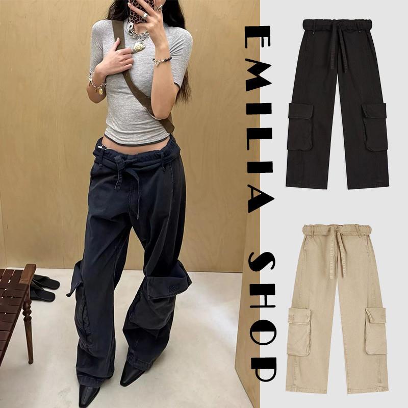 买手店韩国正品现货OPEN YY休闲裤翻腰抽绳水洗做旧口袋工装裤女