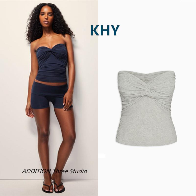 正品 KHY 春夏款Kylie同款性感辣妹褶皱扭结修身短款抹胸背心上衣