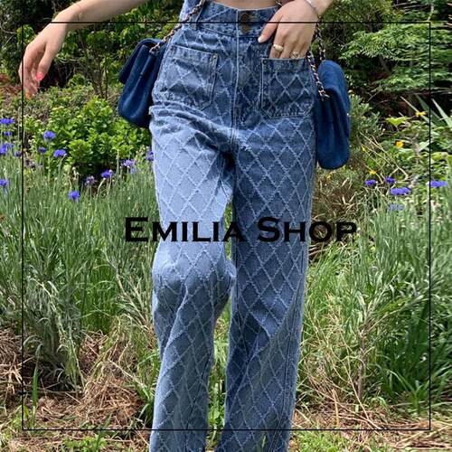买手店韩国正品现货折扣Seooocookie直筒裤24新款菱格纹牛仔裤女